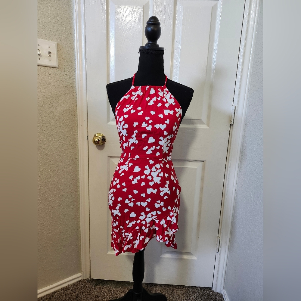 Flynn Skye Red and White Hearts Halter Mini Dress XS
